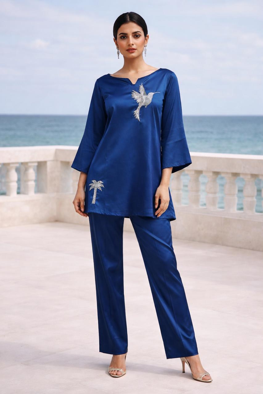 BLUE COORD WITH SILVER BIRD AND TREE